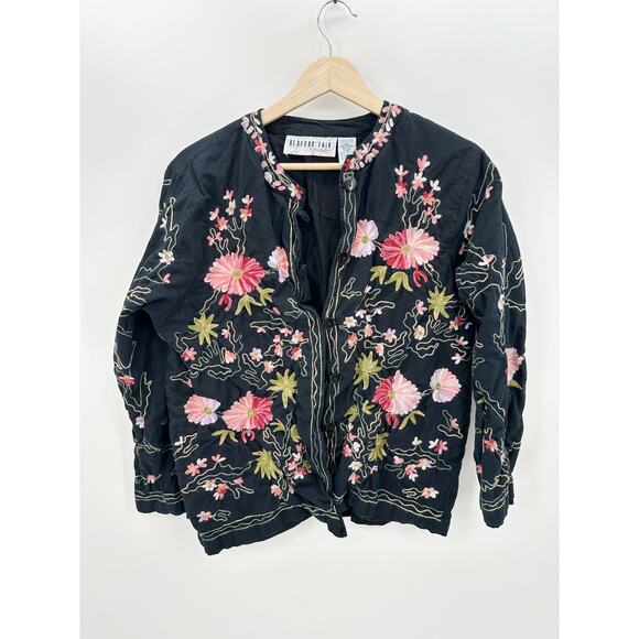Bedford Fair Women Black Floral Embroidery Button Down Jacket Cotton Flax Size L - Picture 1 of 6